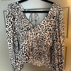 Olivaceous Cream and Black Long Sleeve Tie Front Blouse